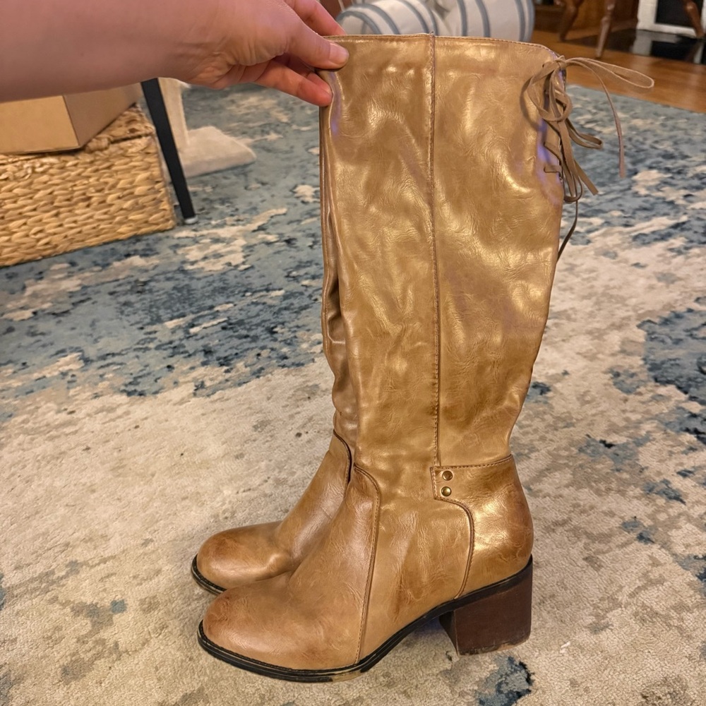 Gold Banana Yellow Knee-High Boots with Block Heel 🌿